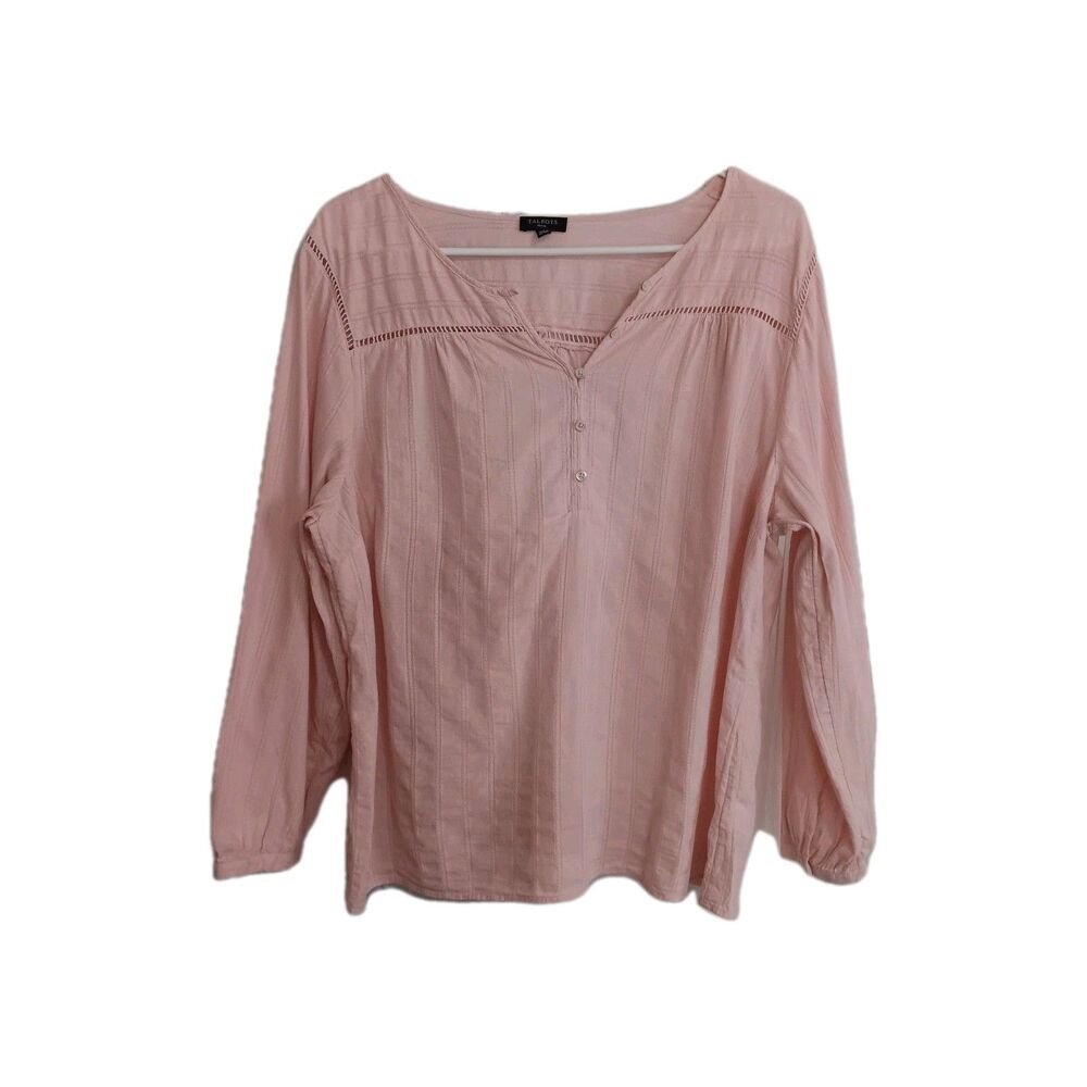 Talbots Pink Long Sleeve Petite XL Top 100% Cotton Cutout Design At The Neck.